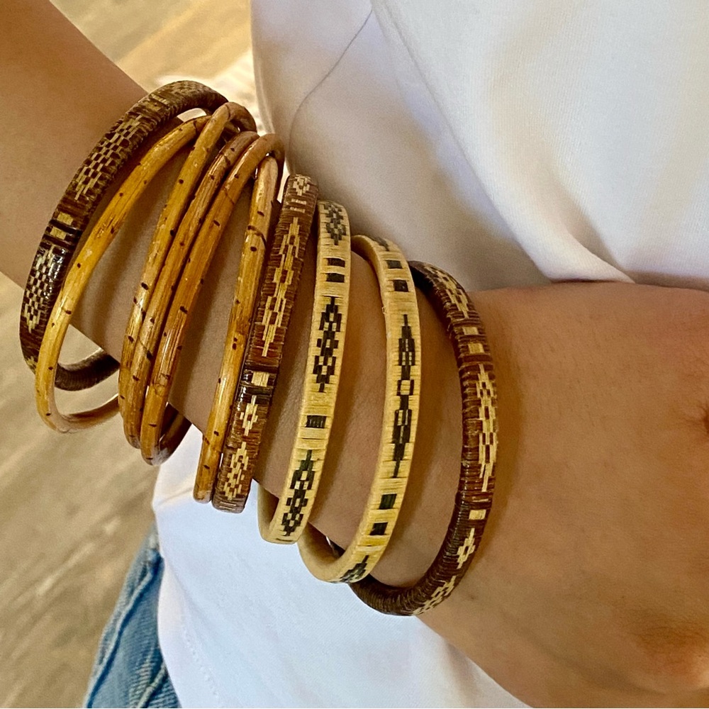 Vintage Set Woven Straw Bangles and Multi Bamboo Bangle